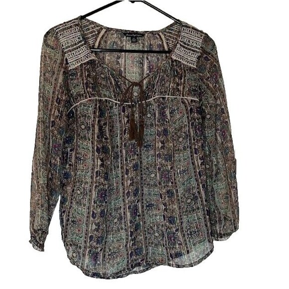 American Eagle Bohochic Sheer Green/Pink/Blue/Metallic Gold Tassels Blouse SZ S - Picture 1 of 6